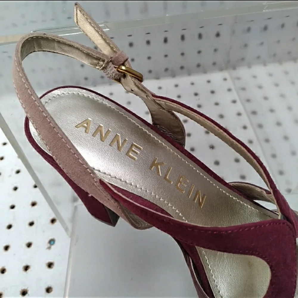 Anne Klein Women Burgundy Sandals Suede Straps Block Chunky Platform Heel Pump